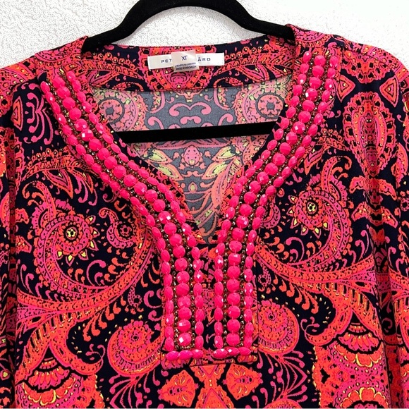 Peter Nygard 3/4 sleeve pink magenta orange beaded paisley with navy blue trim - Picture 10 of 11